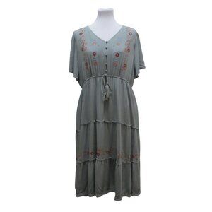 Pologram Green Floral Embroidered Tiered Modest Boho Midi Dress Womens 1XL